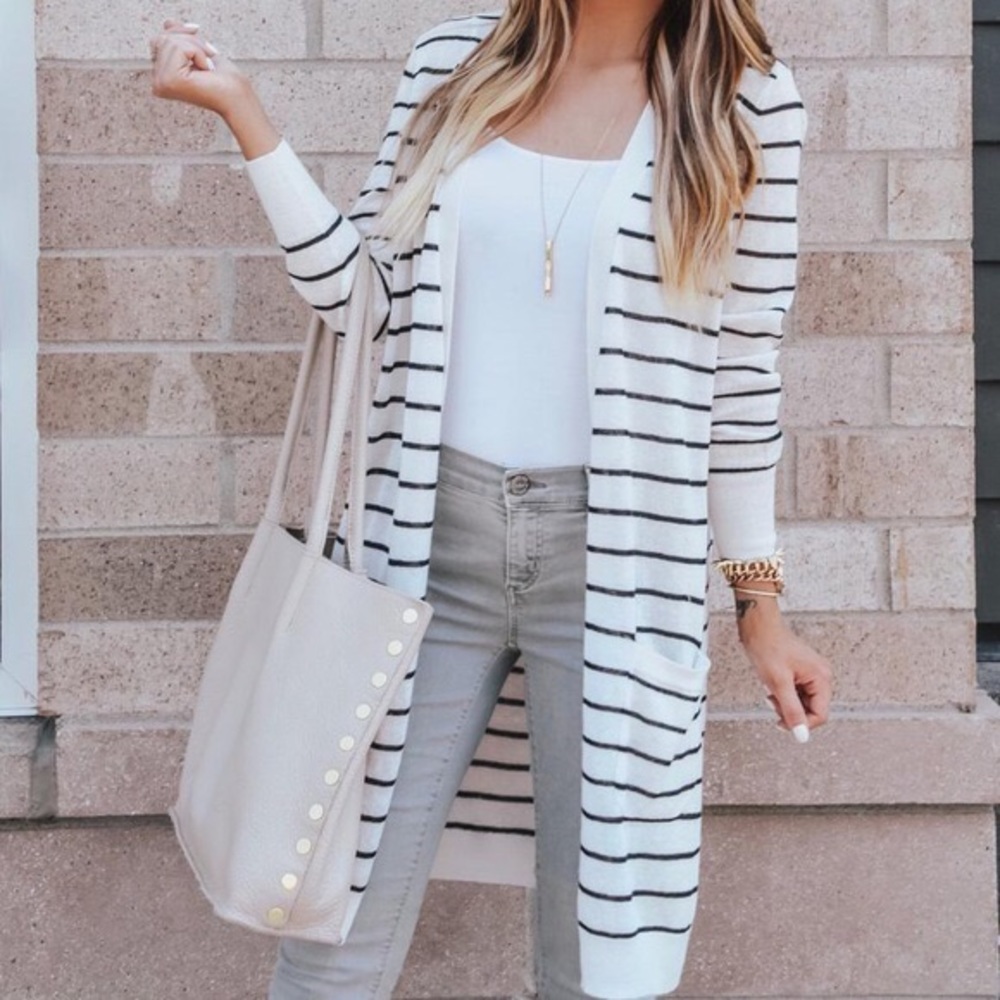Halogen Long Linen Blend Striped Cardigan